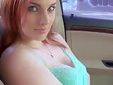 Busty redhead hitchhiker dickriding in car