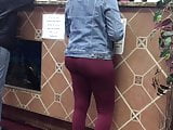 Bubble butt ebony in red spandex leggings ordering food 