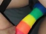 lesbian loving rainbow strapon dildo